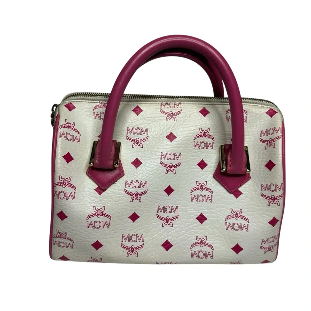 Vintage MCM White and Pink Visetos Leather Lion Boston Bag.